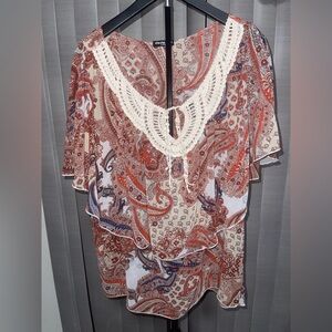 Cha Cha Vente Red and Blue Paisley Blouse with Crochet Neckline